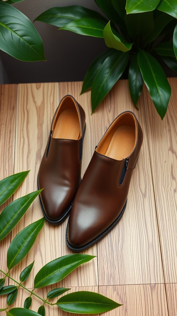 Vegan 8053 quad mono leather shoes on a wooden surface with green leaves.